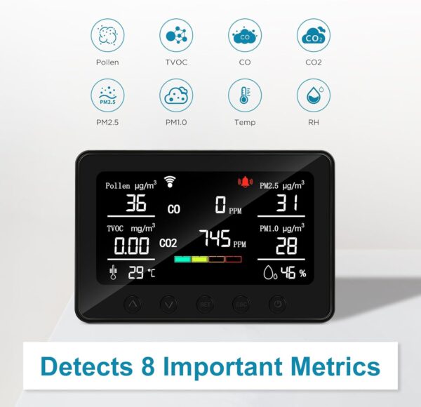 Smart 8in1 Air Quality Monitor for CO, CO2, Pollen, PM2.5, PM1.0, TVOC, Temperature, Humidity with RS485 & WiFi EPT02+ - Image 3