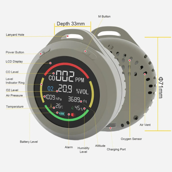 Mini Portable Oxygen and CO Monitor with Altitude, Pressure, Temperature, Humidity EPT08 - Image 4